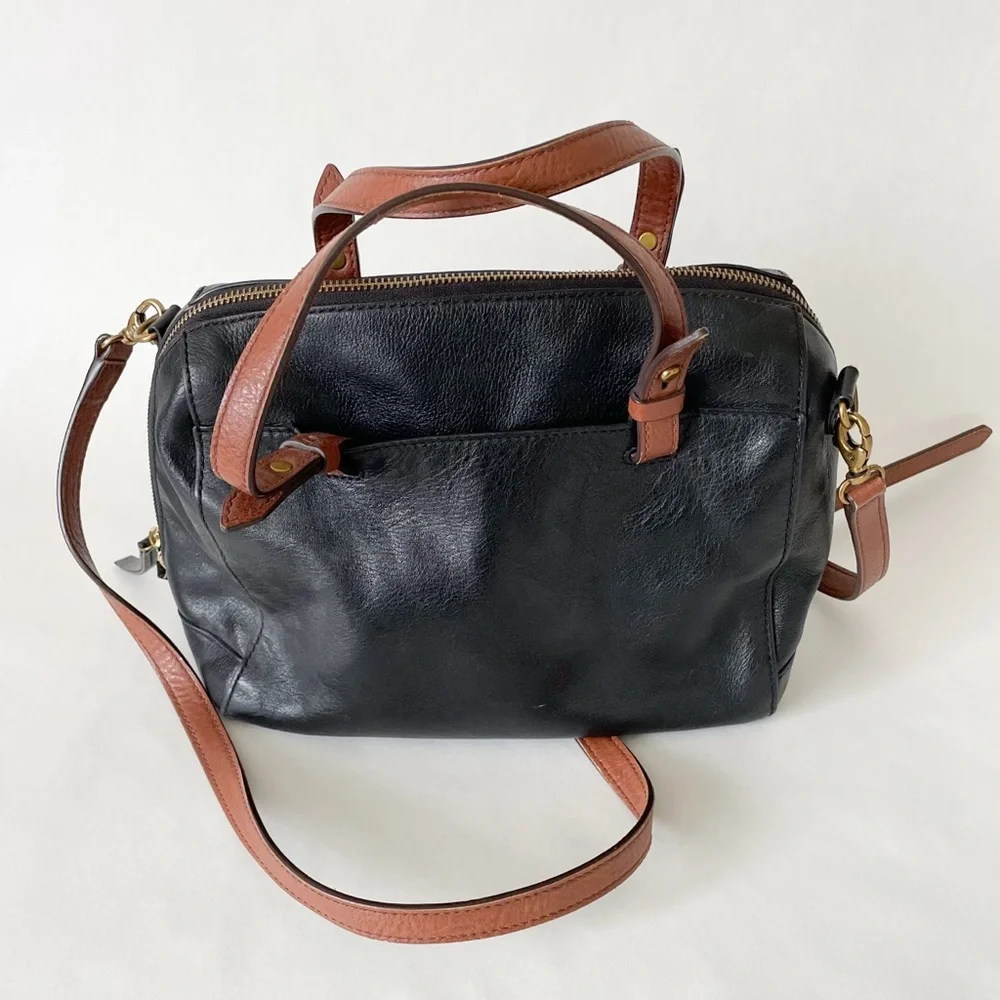 Fossil 100% Leather Black and Cognac Rachel Satchel Purse - Picture 3 of 7
